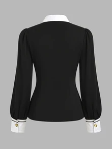 Balvessa Women's Casual Colorblock Patchwork Shirt, Autumn - Black - View 4