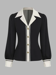 Balvessa Women's Casual Colorblock Patchwork Shirt, Autumn - Black - View 3