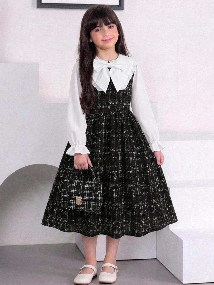 SHEIN 少女童裝配色收腰蝴蝶結誇張荷葉領喇叭袖洋裝 - 黑色 - 查看 1