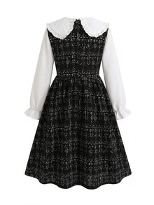 SHEIN 少女童裝配色收腰蝴蝶結誇張荷葉領喇叭袖洋裝 - 黑色 - 查看 2