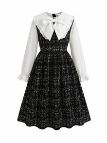 SHEIN 少女童裝配色收腰蝴蝶結誇張荷葉領喇叭袖洋裝 - 黑色 - 查看 4