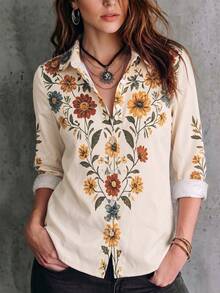 SHEIN Women's Elegant Boho, Slim-Fit, Long-Sleeved Floral Print Shirt New For Autumn/Winter. Vacation Beige - Multicolor - View 3
