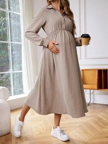 SHEIN 孕妇哺乳功能性长袖上衣连衣裙 - 卡其色 - 查看 4