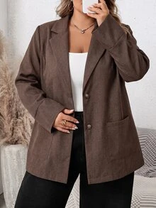 SHEIN CURVE+ 大尺碼女款純色翻領長袖單排扣休閒西裝外套 - 杏色 - 查看 4