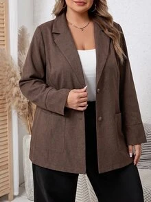 SHEIN CURVE+ 大尺碼女款純色翻領長袖單排扣休閒西裝外套 - 杏色 - 查看 5