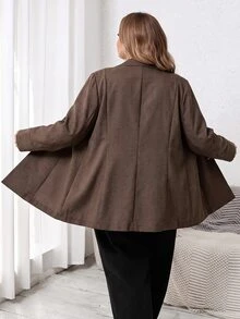SHEIN CURVE+ 大尺碼女款純色翻領長袖單排扣休閒西裝外套 - 杏色 - 查看 2