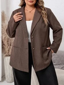 SHEIN CURVE+ 大尺碼女款純色翻領長袖單排扣休閒西裝外套 - 杏色 - 查看 6