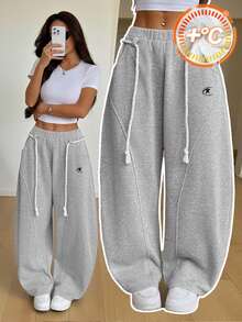 SHEIN PETITE 女款休閒抓絨內裡保暖灰色寬腿褲，適合返校季（秋冬） - 灰色 - 查看 3