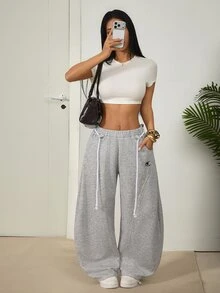 SHEIN PETITE 女款休閒抓絨內裡保暖灰色寬腿褲，適合返校季（秋冬） - 灰色 - 查看 8