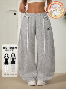 SHEIN PETITE 女款休閒抓絨內裡保暖灰色寬腿褲，適合返校季（秋冬） - 灰色 - 查看 7