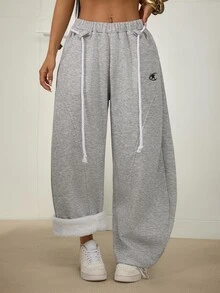 SHEIN PETITE 女款休閒抓絨內裡保暖灰色寬腿褲，適合返校季（秋冬） - 灰色 - 查看 10