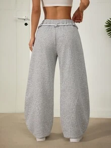 SHEIN PETITE 女款休閒抓絨內裡保暖灰色寬腿褲，適合返校季（秋冬） - 灰色 - 查看 2