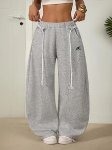 SHEIN PETITE 女款休閒抓絨內裡保暖灰色寬腿褲，適合返校季（秋冬） - 灰色 - 查看 9
