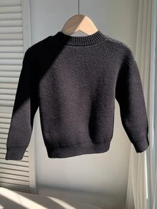 SHEIN 1件小男孩休閒街頭風極簡萬聖節骷髏圖案圓領套頭毛衣，適合兒童，生日派對、活動、表演、開學典禮、日常穿著、萬聖節、秋冬 - 黑色 - 查看 2