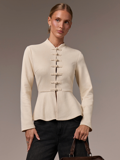 COSMINA Women's Elegant Commute Solid Color Frog Button Shirt, Apricot Long Sleeve Autumn/Winter Versatile Top For Daily Wear And Street Style