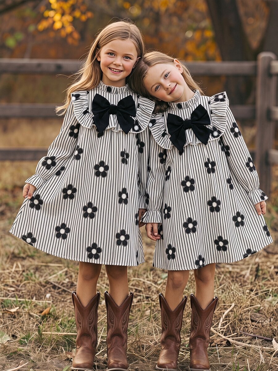 Emery Rose Kids Emery Rose Kids 女孩可愛度假休閒杏色花卉圖案蝴蝶結長袖寬鬆洋裝 秋季花卉洋裝