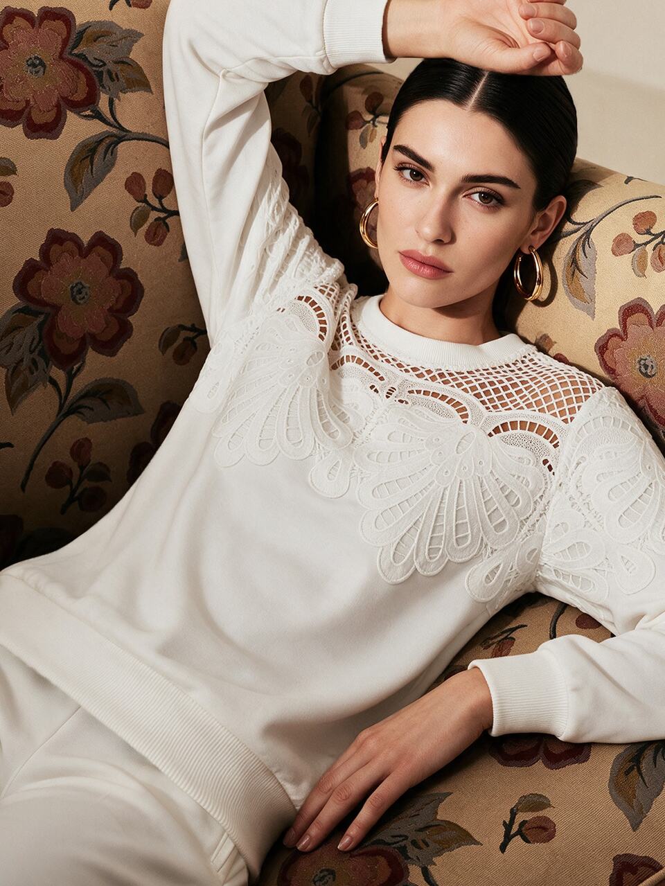 Women's New Autumn Patchwork Lace Trim Crew Neck Sweatshirt