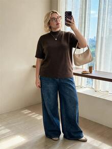 SHEIN CURVE+ Atasan Rajut Wol Lengan Pendek Leher Tinggi Warna Polos untuk Wanita Ukuran Besar, Cokelat Tua, Cocok untuk Semua Musim Dingin - Coklat - View 2