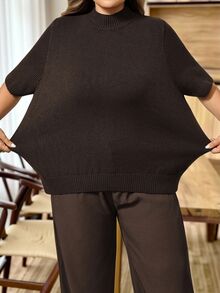 SHEIN CURVE+ Atasan Rajut Wol Lengan Pendek Leher Tinggi Warna Polos untuk Wanita Ukuran Besar, Cokelat Tua, Cocok untuk Semua Musim Dingin - Coklat - View 5