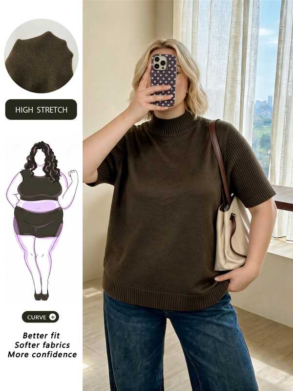 SHEIN CURVE+ Damski top z wełnianej dzianiny w dużym rozmiarze, gładki, z wysokim dekoltem i krótkim rękawem, ciemnobrązowy, na wszystkie sezony, zimowy