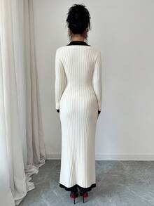SHEIN 女款法式風拼色 Polo 領長袖針織毛衣洋裝 - 彩色 - 查看 3
