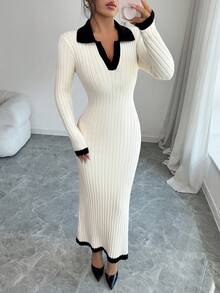 SHEIN 女款法式風拼色 Polo 領長袖針織毛衣洋裝 - 彩色 - 查看 4