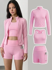 SHEIN Girlism Tween女孩運動休閒套裝 粉色甜美針織素色3件組（含長袖半高領拉鍊上衣、細肩帶背心與單車褲）網球瑜伽穿搭 - 粉色 - 查看 1