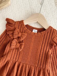 SHEIN 女嬰針織純色圓領荷葉邊蝴蝶結休閒洋裝 - 棕色 - 查看 4
