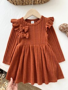 SHEIN 女嬰針織純色圓領荷葉邊蝴蝶結休閒洋裝 - 棕色 - 查看 3