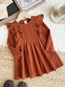 SHEIN 女嬰針織純色圓領荷葉邊蝴蝶結休閒洋裝 - 棕色 - 查看 5