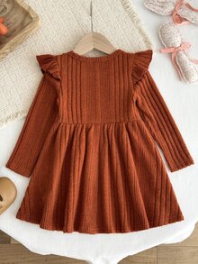 SHEIN 女嬰針織純色圓領荷葉邊蝴蝶結休閒洋裝 - 棕色 - 查看 2