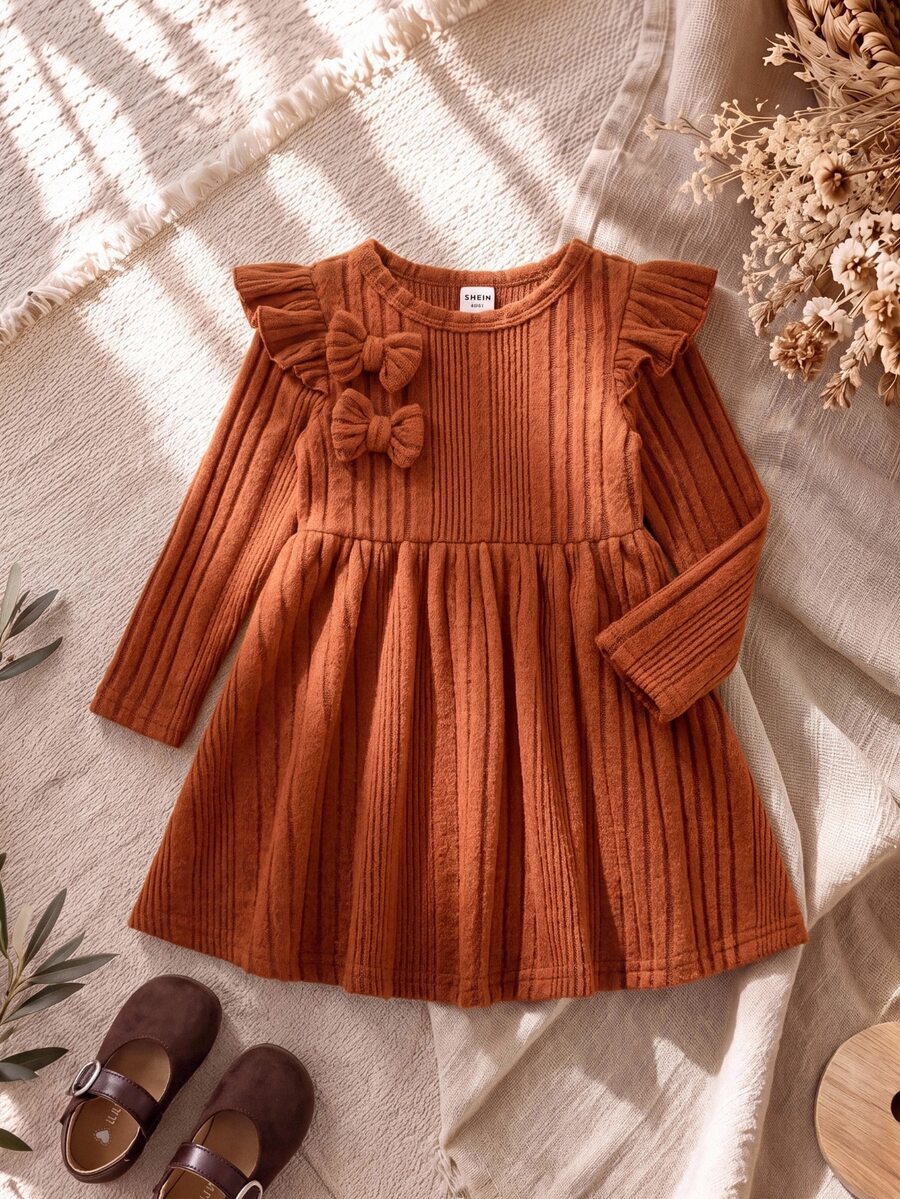 SHEIN Baby Girl Knit Solid Color Round Neck Ruffle Bow Casual Dress - Brown - View 1