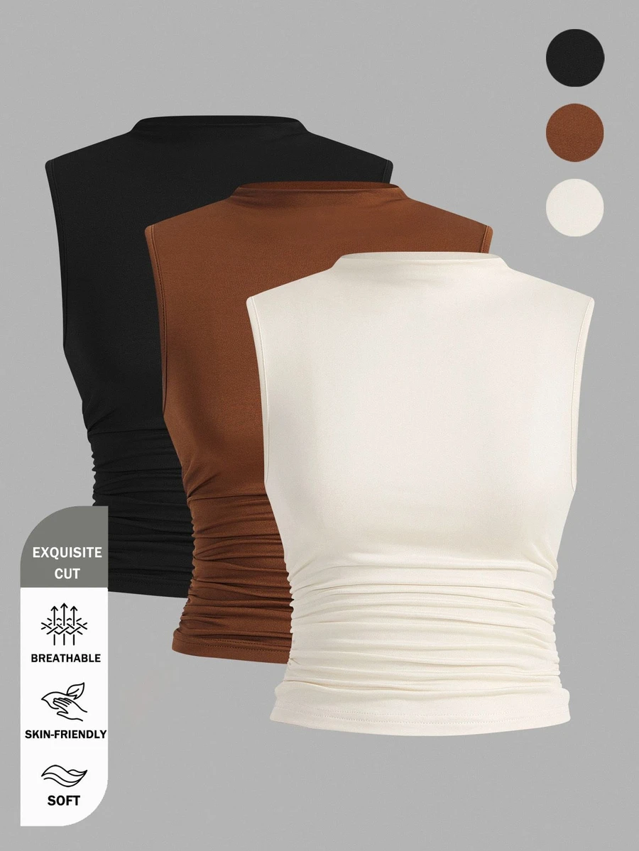 Siren Gaze 3pcs Pleated Sleeveless Blouse Tops Summer Casual