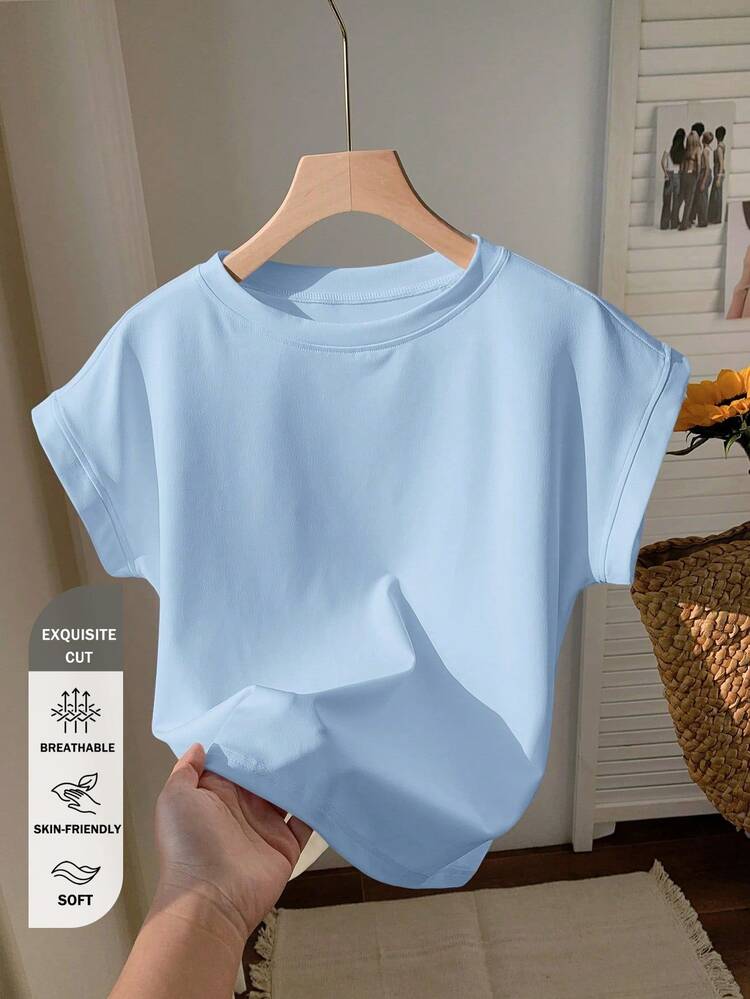Comfortcana Women's Solid Color Round Neck Short Sleeve Casual Versatile T-Shirt - Baby Blue - View 1