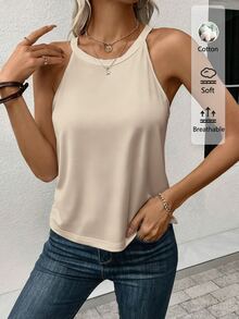 SHEIN LUNE 95%棉女款休閒貼身掛脖背心，適合夏季，夏季上衣早午餐米色 - 駝色 - 查看 5