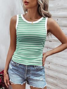 EMERY ROSE Women's Striped Round Neck Slim Fit Pleated Tank Top - Mint Green - View 5