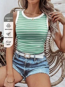 EMERY ROSE Women's Striped Round Neck Slim Fit Pleated Tank Top - Mint Green - View 6