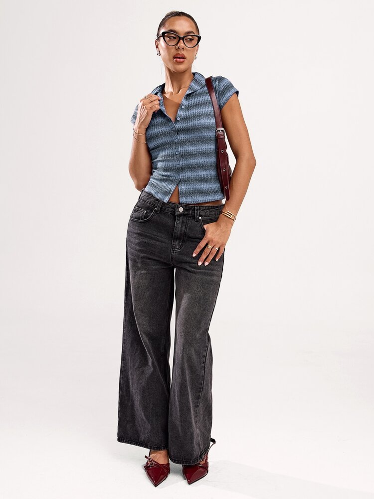 SHEIN BAE Women Casual Striped Polo Collar Short Sleeve Button Front T-Shirt - Blue - View 5