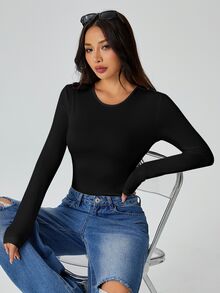 SHEIN PETITE 純色長袖修身白色T恤連身衣，適合嬌小女性 - 黑色 - 查看 7