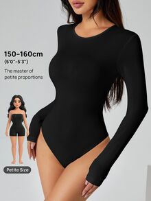 SHEIN PETITE 純色長袖修身白色T恤連身衣，適合嬌小女性 - 黑色 - 查看 8