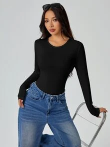 SHEIN PETITE 純色長袖修身白色T恤連身衣，適合嬌小女性 - 黑色 - 查看 4