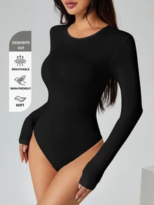 SHEIN PETITE 純色長袖修身白色T恤連身衣，適合嬌小女性 - 黑色 - 查看 9