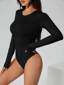 SHEIN PETITE 純色長袖修身白色T恤連身衣，適合嬌小女性 - 黑色 - 查看 3