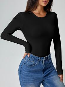 SHEIN PETITE 純色長袖修身白色T恤連身衣，適合嬌小女性 - 黑色 - 查看 5