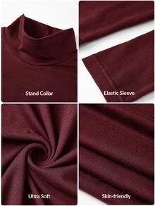 SHEIN BASICS 女款休閒極簡基本商務純色針織修身版型立領長袖T恤 秋季辦公穿搭 酒紅色 - 酒紅色 - 查看 5