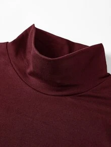 SHEIN BASICS 女款休閒極簡基本商務純色針織修身版型立領長袖T恤 秋季辦公穿搭 酒紅色 - 酒紅色 - 查看 7