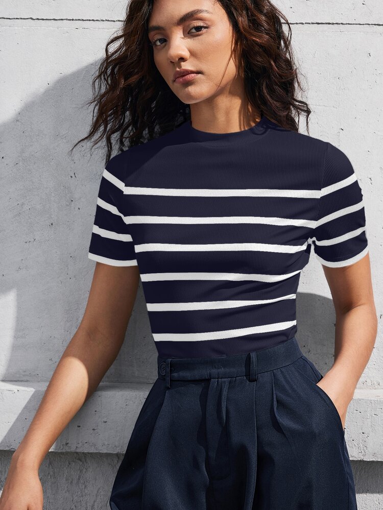BizChic Women's Striped Mock Neck Short Sleeve Slim Fit T-Shirt, Elegant Minimalist Casual Commute Date Daily Vacation Independence Day Graduation Season Music Festival Slimming Elegant Versatile Premium Summer Social Holiday Party Outing Beach Office French Vintage Fresh - Multicolor - View 9