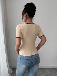 SHEIN Raffinéa 法式優雅針織配色深V領蝴蝶結設計修身女款T恤 - 杏色 - 查看 2