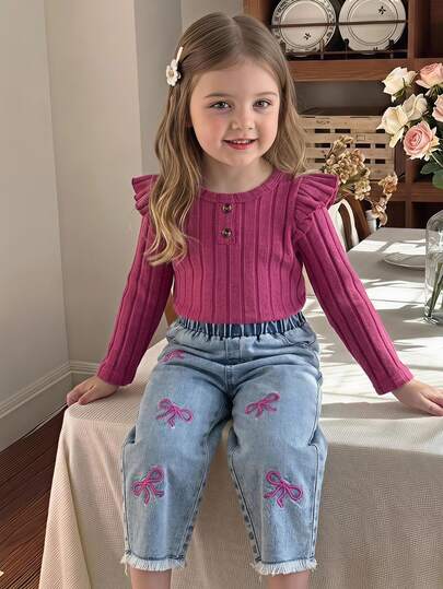 2pcs Baby Girls' Purple Long Sleeve Knit Sweater Top&Skinny Denim Pants Set With Butterfly Embroidery,Pink And Green,Autumn,Casual,Matching Family