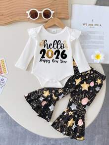 女嬰 2026 新年快樂星星煙火印花連身褲與喇叭褲套裝，荷葉袖連身衣與喇叭褲 2 件套服裝 - 彩色 - 查看 1